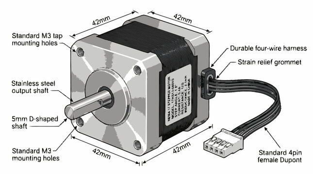 A detailed diagram of a stepper motor, highlighting its key components and dimensions, showcasing precision engineering and mechanical design