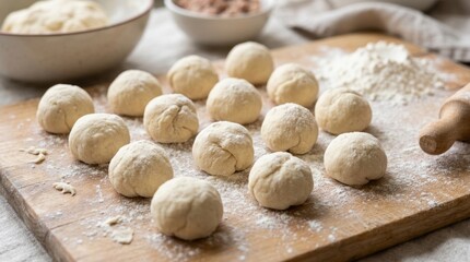 Fototapeta premium Freshly prepared homemade dumplings ready for cooking on wooden board.