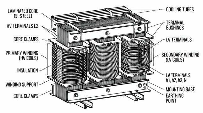 Diagram of a transformer with labels pointing out its various components