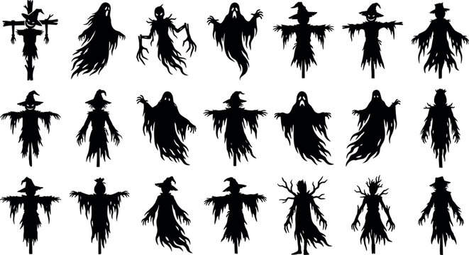 Halloween spooky scarecrows and ghosts silhouettes collection creepy phantom creatures black vector set in image_26c6b9.png