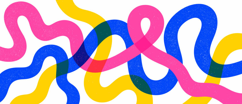 Vibrant abstract wavy lines in bright pink, yellow, and blue create a playful pattern
