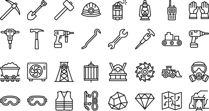 Mining tools industrial construction machinery and safety equipment thin line vector icon set in image_0a233d.png