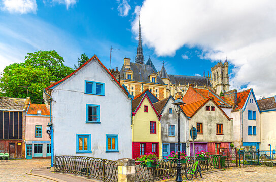 Amiens cityscape old town Saint-Leu quarter with multicolored houses and Cathedral Basilica of Our Lady Notre-Dame in historical city centre, France landmark, Somme department, Hauts-de-France Region