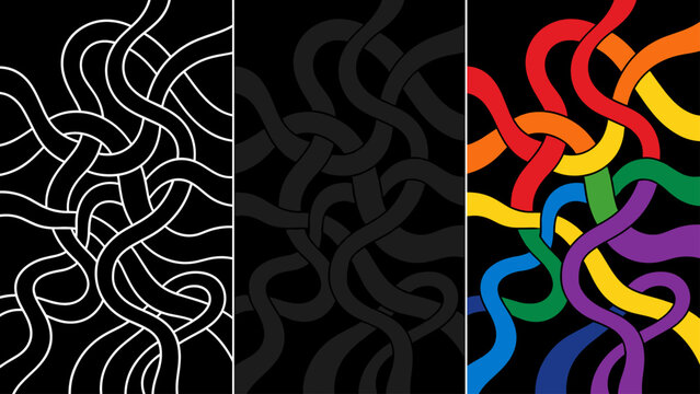 Abstract interwoven colorful ribbons on a black background, a vibrant design