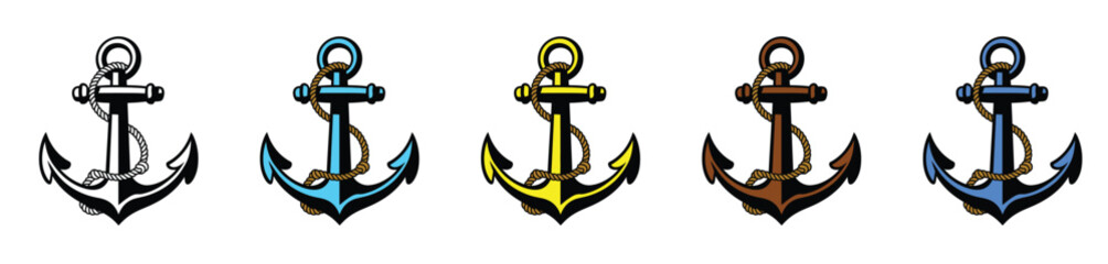Set of five nautical anchor icons with rope detailing in diverse colors for maritime designs © MOHAMMADSHARIFUL
