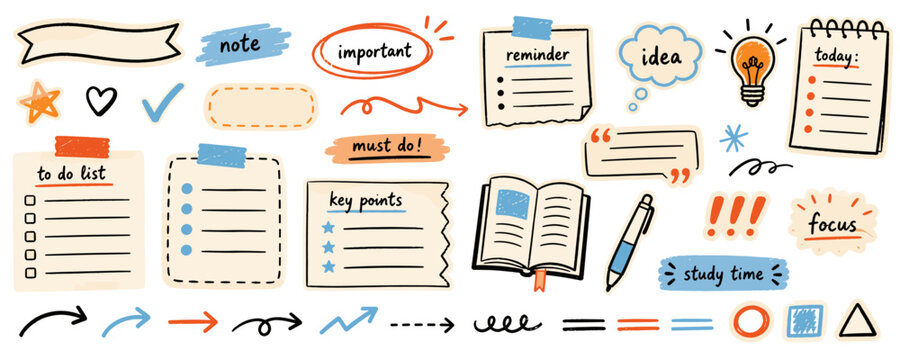 Hand-drawn planner stickers for to-do lists, notes, and reminders