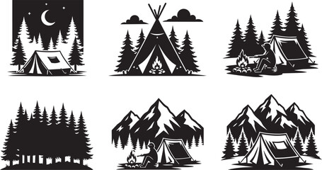 Camping scenes with tents and mountains under night sky and pine forest © MST MEHENAJ