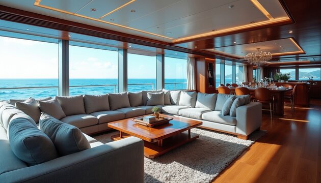 Spacious modern yacht salon with panoramic ocean view windows. Comfortable sectional sofa and coffee table create relaxation zone. Elegant dining area with chandelier suggests luxury.