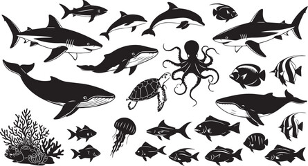 Diverse marine life silhouettes against a white background with coral detail © MST MEHENAJ