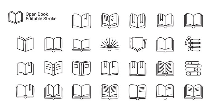 Open book line icon set with editable stroke showing various page layouts and bookmarks for education.