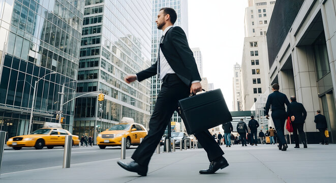 Businessman walking in city street with briefcase yellow taxi buildings.