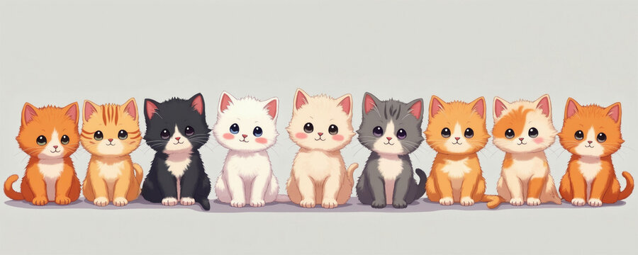Nine cute cartoon kittens sit in a row, each with unique fur colors and big eyes. These adorable pets look forward happily. The illustration features friendly small animals with playful expressions.