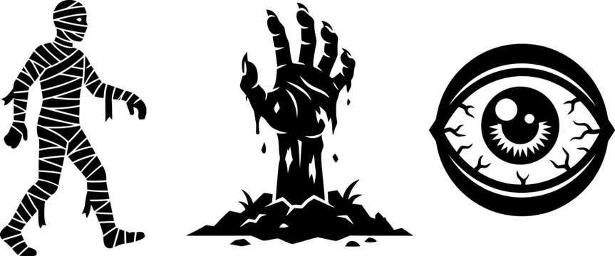 Set of horror and halloween icons featuring a mummy zombie hand evil eye