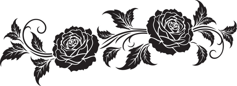 Elegant black rose vine flourish with swirling leaves and floral accents on white