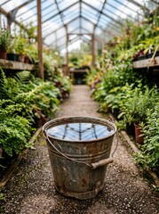 Obraz premium Old Metal Water Barrel Stand In Midst Of Lush Greenhouse Walkway Path