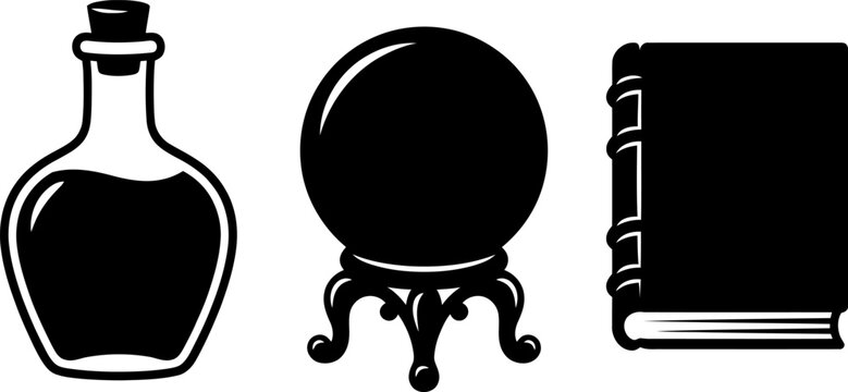 Wizardry and magic icons featuring potion bottle crystal ball and spellbook