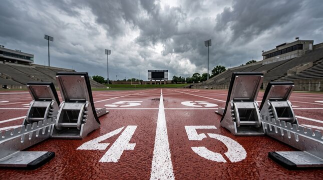 Starting blocks on a red running track with white markings and empty bleachers under a cloudy sky