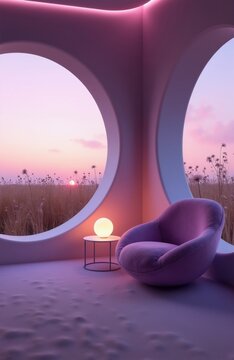 Futuristic room with purple armchair near round window. Dry grass field outside at sunset. Minimalist interior design creates calm mood. Soft lamp light.