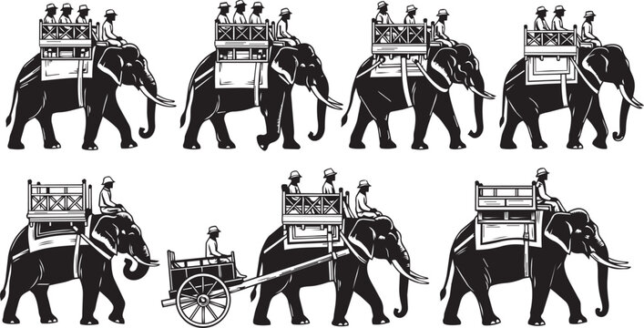 Elephants with riders in procession during daylight with a simple vector style