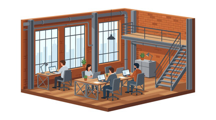Isometric illustration of people working in modern loft office space © reni