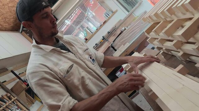 Focused artisan sorting wooden timber planks on a workbench in an authentic local small business carpentry workshop during daytime with dynamic camera rotation and unique low angle perspective