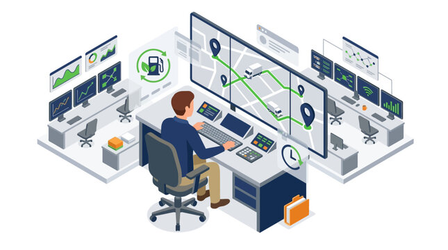 Man managing logistics and fleet tracking in modern command center
