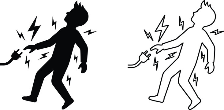 electric shock hazard icon with lightning bolt silhouette showing danger and injury