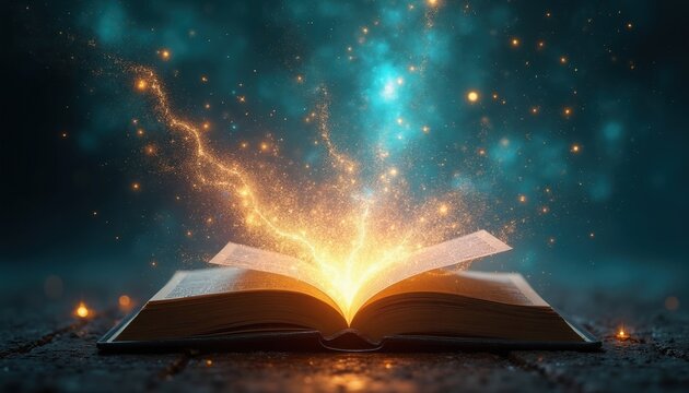 Open book emits golden light into dark space with stars. Knowledge and imagination create new worlds from literature. Cosmic energy flows from pages.