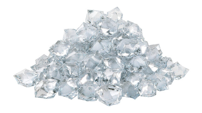 Pile of clear faceted ice cubes, isolated on transparent background