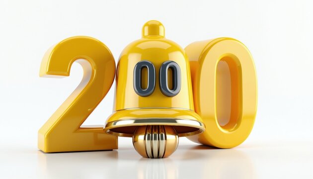 Shiny 3D numbers 20 and a yellow bell with 00 digits symbolize alarm, notification, or deadline reminders. This visual represents urgency and time-sensitive alerts for web or app updates.