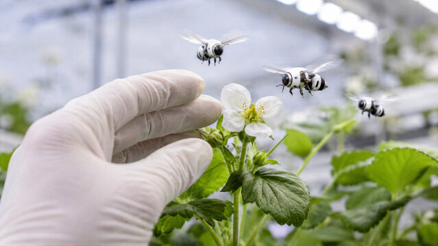 Agronomist inspecting robotic drone bee pollinating a flower in greenhouse. Innovative smart farming technology for crop production. Future agricultural solution for environment conservation.