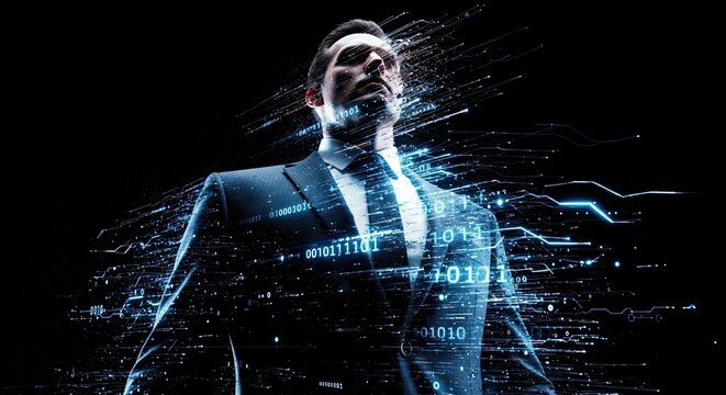 Businessman immersed in digital data stream futuristic technology concept