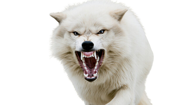 Furious white wolf snarling with bared teeth, isolated on transparent background