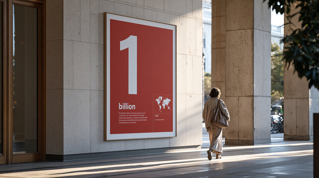 Oversized bold statistic callout showing the figure one point four billion alongside a compact supporting world map thumbnail and single explanatory sentence, symmetrical centered