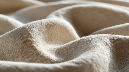 Fototapeta premium Natural unbleached linen fabric stretched over a frame catches warm noon window light, revealing subtle warp-and-weft grain perfect for organic textile brands, slow-fashion