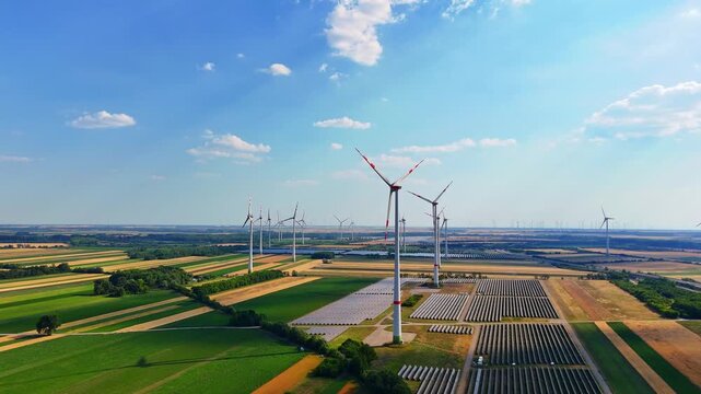 Wind turbines and solar panels above green farmland. Drone view of turbine cluster and solar array over yellow and brown patchwork fields, blue sky