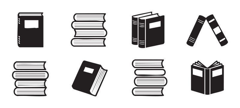 Book icons set with various flat black silhouettes of stacked and open literature for study designs.