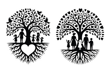 Fototapeta premium Family tree silhouette icons with heart and roots design silhouette generation