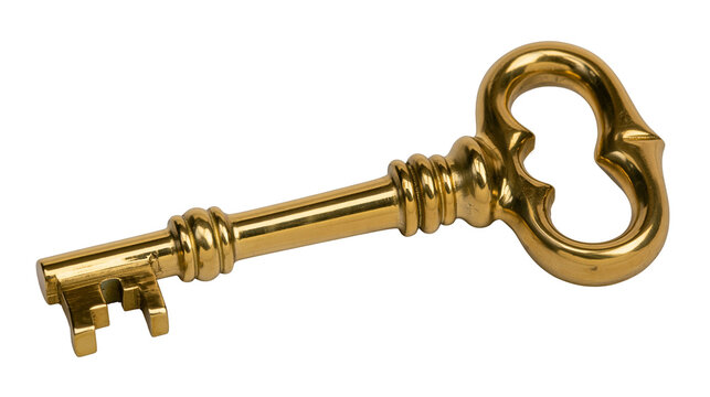 Ornate antique brass skeleton key with decorative bow, isolated on transparent background