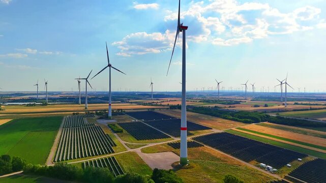 Wind turbine cluster beside solar panel field aerial view. Drone photo of turbines and solar array over green and brown farmland patches, clear sky