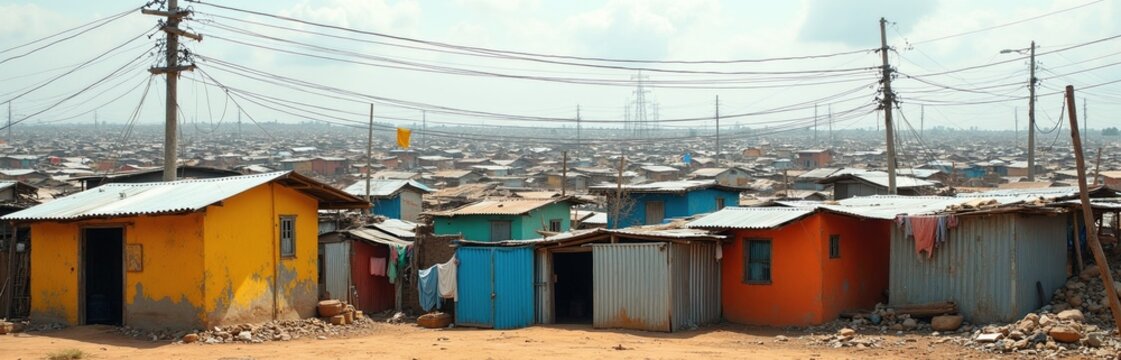 Colorful shantytown houses cluster together with messy power lines overhead. Small dwellings made of varied materials stretch to horizon, forming dense urban landscape. Vivid colors paint makeshift