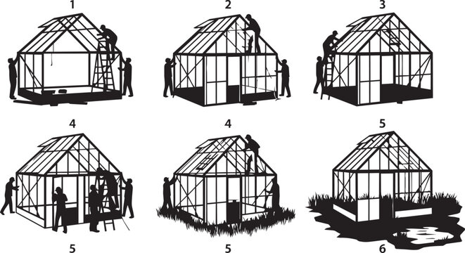 Greenhouse construction steps shown as numbered diagrams with workers assembling structure on grass and water