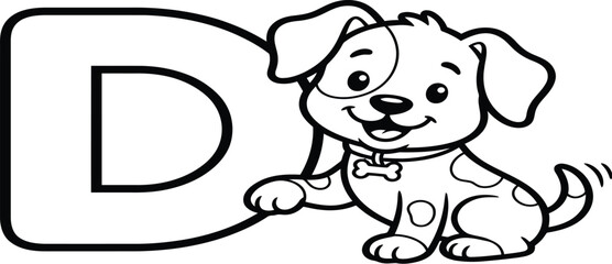 Obraz premium Letter D for Dog Coloring Page for Kids Alphabet Learning Worksheet, Cute Puppy with Letter D Educational Coloring Book Page for Children