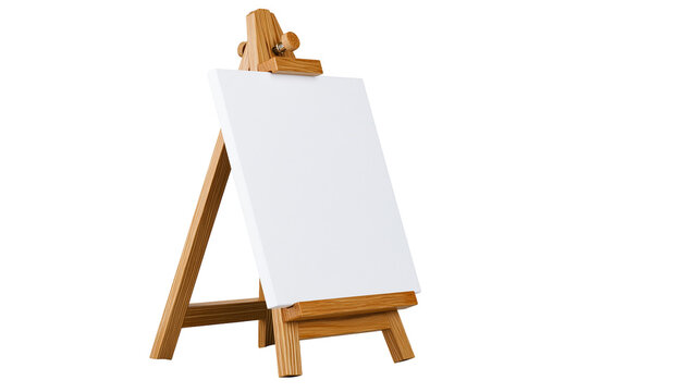 Wooden easel holding blank white canvas, isolated on transparent background