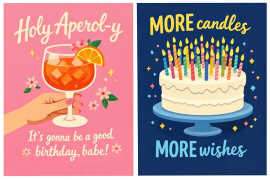 Retro birthday greeting cards, colorful candle cake and aperol spritz illustration, party invitation design