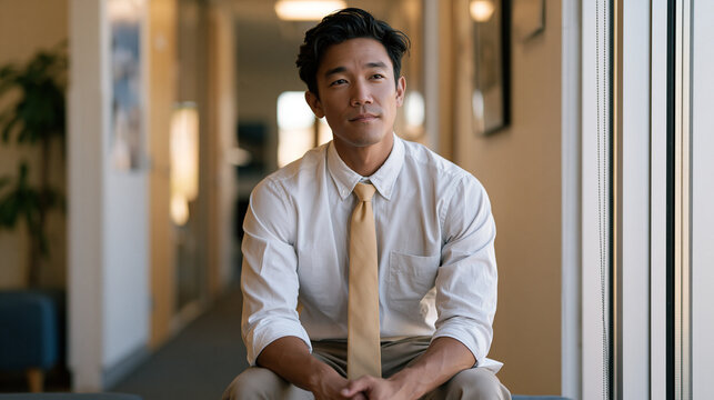Filipino man in addiction recovery attending a job interview in slightly ill-fitting formal clothes he borrowed, seated upright, hands steady on his knees, the earned composure of