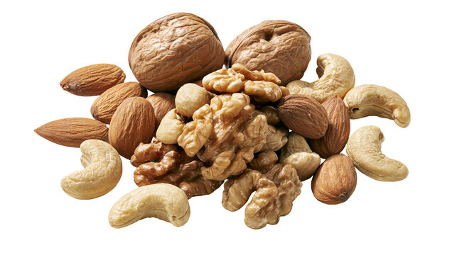 Pile of assorted nuts including walnuts almonds and cashews, isolated on transparent background