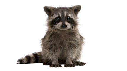 Fluffy raccoon with striped tail sitting, isolated on transparent background © Mia