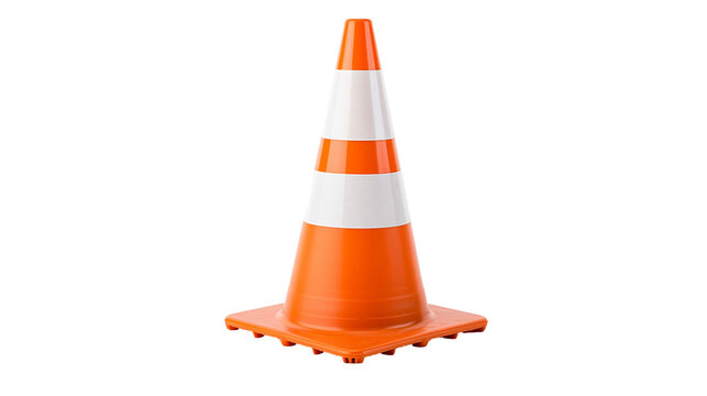 Orange and white traffic cone with reflective stripes, isolated on transparent background