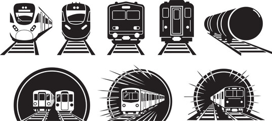 Modern trains and freight cars traveling on tracks in graphic silhouettes © SD DESIGN STUDIO